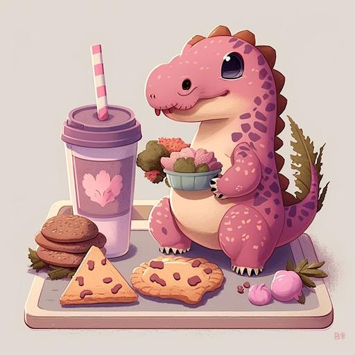 mini cute pink dino with a plate of snacks