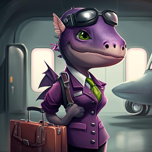 mini dino rex, female flight attendant, with black carry-on suitcase, purple uniform, aircraft background
