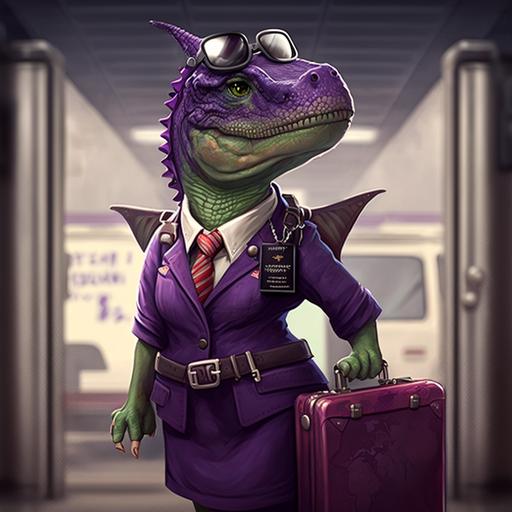 mini dino rex, female flight attendant, with black carry-on suitcase, purple uniform, aircraft background