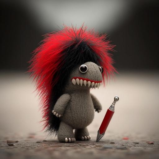 mini dino, with long hair, whit black short, with red pole.