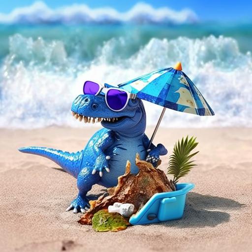 mini dinosaurio lindo bebe de color azul metalico haciendo una barbacoa con muslos de pollo y en una playa con sol y arena