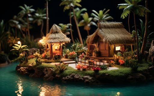 mini golf aesthetic, a chubby, cute, redheaded boy, is rolling, a golf ball up, a narrow ramp into a dramatically lit tiki hut with a thatch roof. Evening lighting. --ar 8:5 --c 33