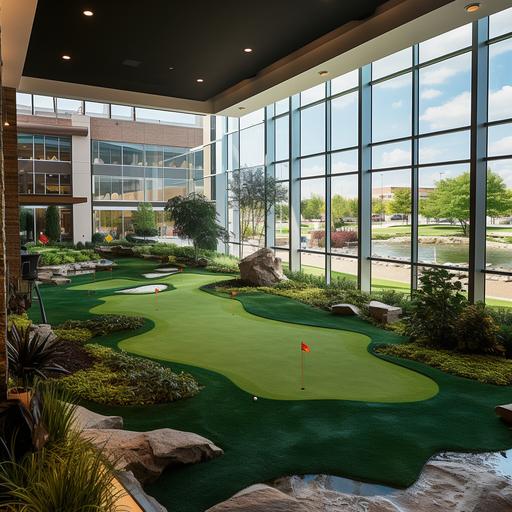 mini golf putting area between club house of residential development visible from club house lobby through glass windows