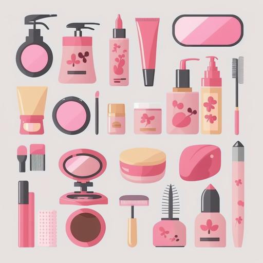 set beauty salon icons, pink palette, handrawn, cartoon, white solid bg, flat lay, vector, simple, --c 0