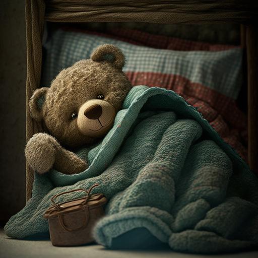 mini teddy bear, bed, blankets, sleeping person, room,