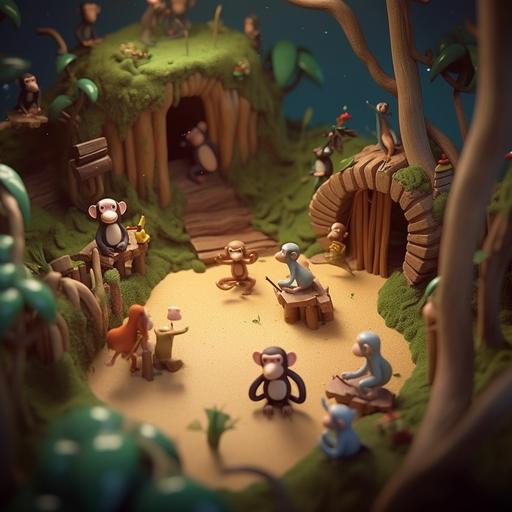 miniature, Super cute clay world,Monkey forrest, cute clay freeze frame animation, bananas, rings, people, monkeys, toys,tiltshifting, excellent lighting, volume, landscape,brush rendering, 3D, super detail--ar 3:4--niji5