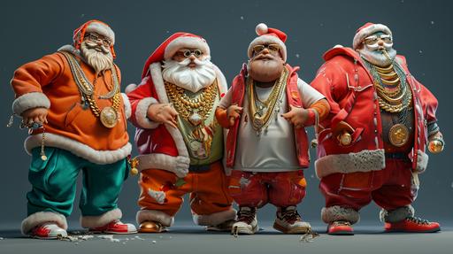 miniature santa-claus's as rap stars! wearing baggy clothes, big gold chains, Rolex watches, Christmas-styled ugly sweatshirt-oversized shirts, iconic high-tops sneakers, flashy jewelry unique headwear vibrant bold style of hip-hop, pipes, polychrome_terracotta solarizing master charming_characters, fatima ronquillo, meticulous adorable 3d_design; in the style of New England Patriots sacred geometry, in the style of famous rapper --ar 16:9 --v 6.0