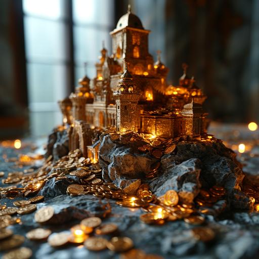 miniaturecore: a massive pile of gold coins and treasure, interior of a hollow prestige office building designed to make the dragon CEO look important. corporatepunk, extremely luxurious and opulent office building interior, shining sparkling glowing, light and reflections, blingcore limopunk dracopunk dragoncore --s 750 --v 6.0