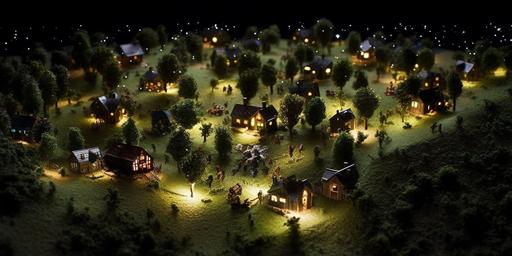 miniaturecore aerial view of the Ewoks village filled with fireflies from an airplane at night, in the style of prairiecore, suburban gothic, creative commons attribution, star wars imagists, ricoh r1, forest ennui capturer, spiky mounds --ar 2:1 --q 2 --v 5.1