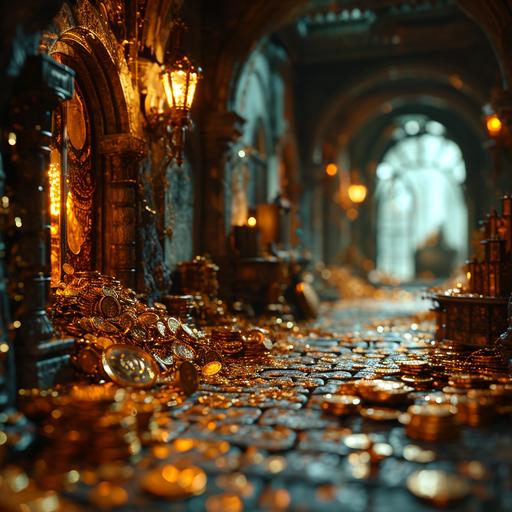 miniaturecore: interior of a hollow prestige office building designed to make the dragon CEO look important. corporatepunk, extremely luxurious and opulent office building interior, a massive pile of gold coins and treasure, shining sparkling glowing, light and reflections, blingcore limopunk dracopunk dragoncore --s 750 --v 6.0