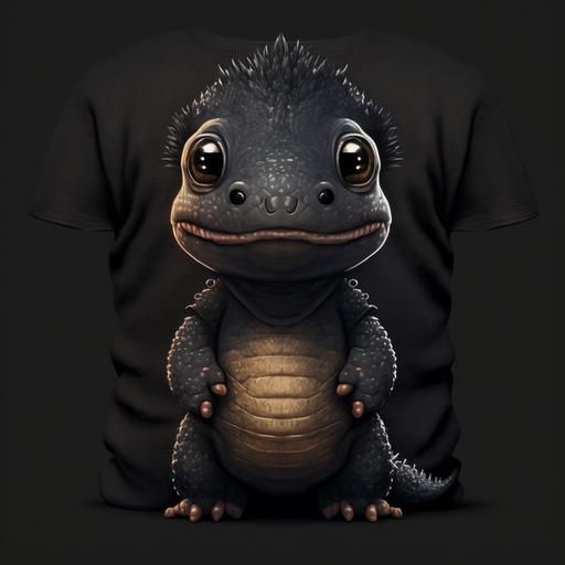 minidino, realistic, cute, wearing black t-shirt