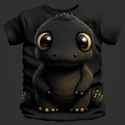 minidino, realistic, cute, wearing black t-shirt