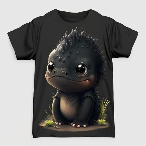 minidino, realistic, cute, wearing black t-shirt