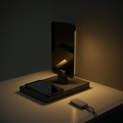 minimal black desk lamp with phone tray, realistic render, 4k, product design