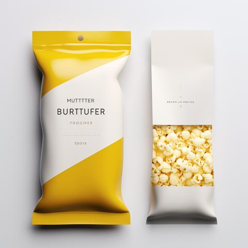 minimal butter popcorn packaging in sachet format, white base, expensive looking