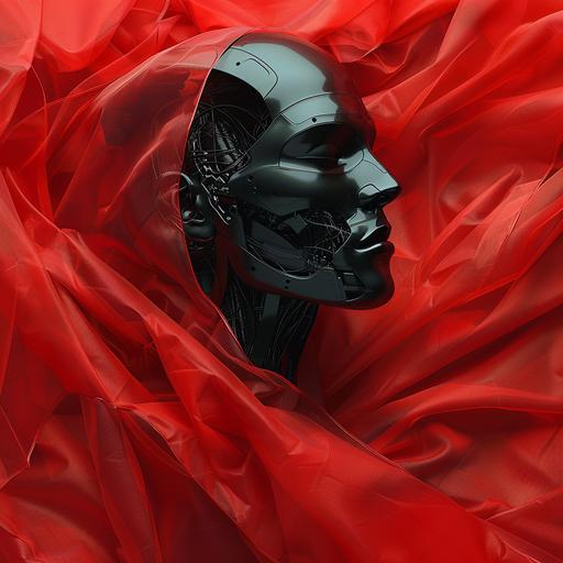 minimal design photo, red backdrop of sheets, with a floating head of a space Pirate implant * - Image #2  --v 6.0 --s 250