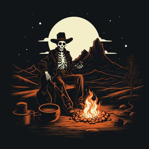 minimal desperado skeleton shooting his revolver at moon by a camp fire tee shirt design