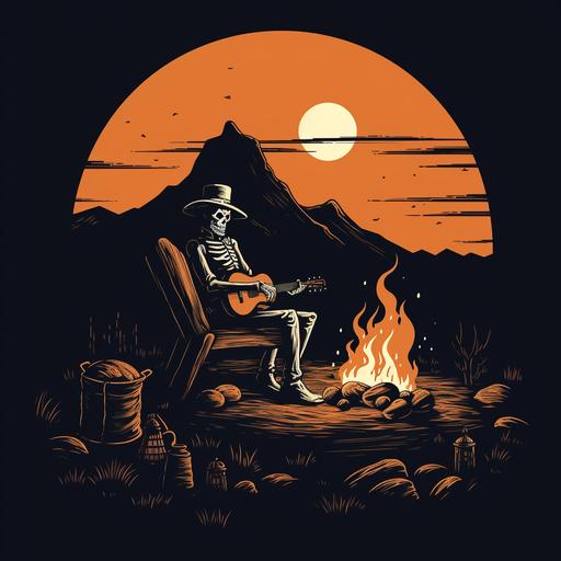 minimal desperado skeleton shooting his revolver at moon by a camp fire tee shirt design