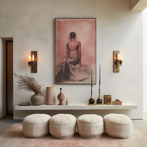 minimal elegant wall with limewash paint. iconic wall sconces. sculptural eclectic console. home accessories and candles. The wall has large photograph frame. candles. patterned rug. two ottomans. brass. pink cushions.