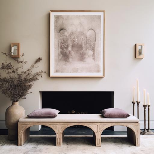 minimal elegant wall with limewash paint. iconic wall sconces. sculptural eclectic console. home accessories and candles. The wall has large photograph frame. candles. patterned rug. two ottomans.