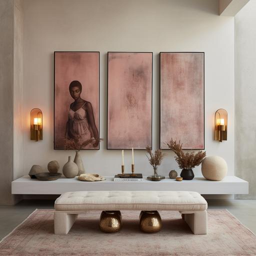 minimal elegant wall with limewash paint. iconic wall sconces. sculptural eclectic console. home accessories and candles. The wall has large photograph frame. candles. patterned rug. two ottomans. brass. pink cushions.