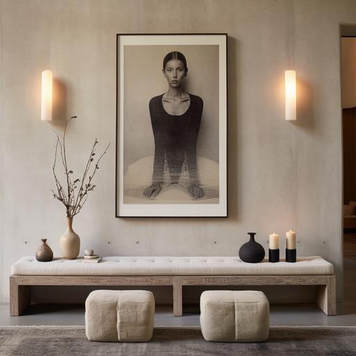 minimal elegant wall with limewash paint. iconic wall sconces. sculptural eclectic console. home accessories and candles. The wall has large photograph frame. candles. patterned rug. two ottomans.