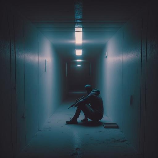 minimal environment, dark liminal corridor, single pastel color wall, soft shadows, dim lights heartbroken man sitting with a pistol in his hand resting on thigh, looking in the camera, very wide angle, front shot, parallel perspective, atmospheric