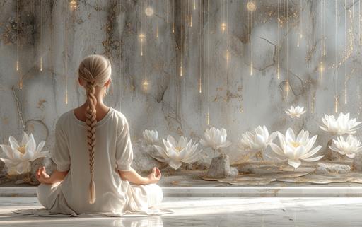 minimal gold threads of light with sacred geometry symbols and melodic symphonic waves hovering above the head of a girl meditating in a zen style white lotus garden --ar 8:5 --v 6.0 --s 750 --c 2