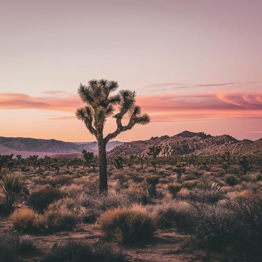 minimal landscape horizon view of Joshua Tree at sunset, pink neutral ethereal sky, flat, warm color palette, muted colors, editorial --v 6.0
