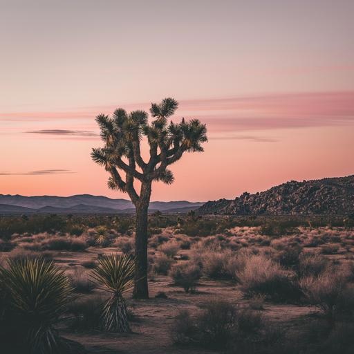 minimal landscape horizon view of Joshua Tree at sunset, pink neutral ethereal sky, flat, warm color palette, muted colors, editorial --v 6.0