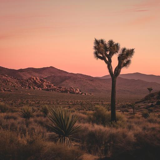 minimal landscape horizon view of Joshua Tree at sunset, pink ethereal sky, flat, warm color palette, editorial --v 6.0