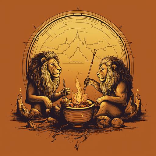 minimal line drawing style - lions eating an old man, gold coins in a barrel behind the lions by a fire. Lions eating 49ers.