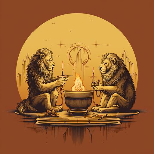 minimal line drawing style - lions eating an old man, gold coins in a barrel behind the lions by a fire. Lions eating 49ers.