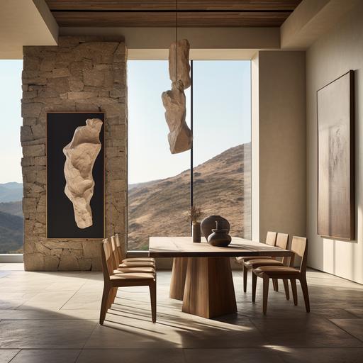 minimal luxury dining hall with high ceiling and ecletcic furniture. Kelly wearstler furniture. Sculptural wood and abstract woman painting. Lateg window overlooking olive mountains. Stone flooring.