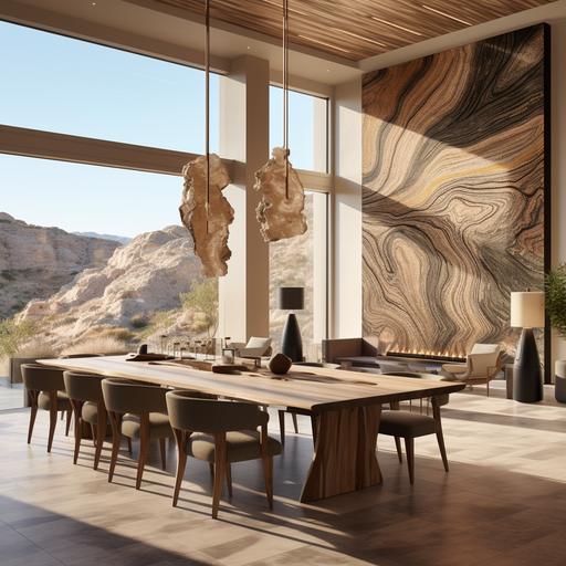 minimal luxury dining hall with high ceiling and ecletcic furniture ceiling. Kelly wearstler furniture. Sculptural wood and abstract painting. Lateg window overlooking olive mountains. Stone flooring.