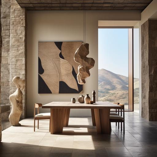 minimal luxury dining hall with high ceiling and ecletcic furniture. Kelly wearstler furniture. Sculptural wood and abstract woman painting. Lateg window overlooking olive mountains. Stone flooring.
