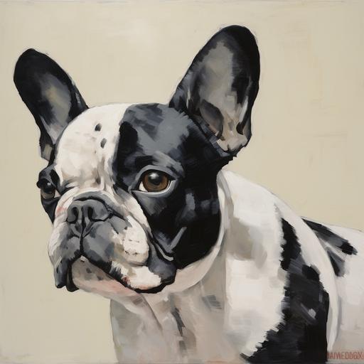 minimal oilpainting portrait of a French bulldog With white fur with black spots lucien freud --v 5.2 --s 50