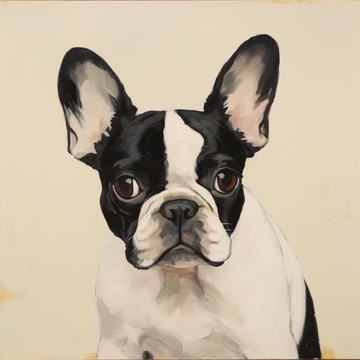 minimal oilpainting portrait of a French bulldog With white fur with black spots lucien freud --v 5.2 --s 50
