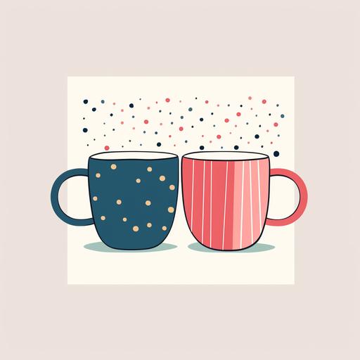 minimal two mugs for hot cocoa. in the style of hundertwasser in a christmas holiday palette. flat lay christmas card. white border. vintage.