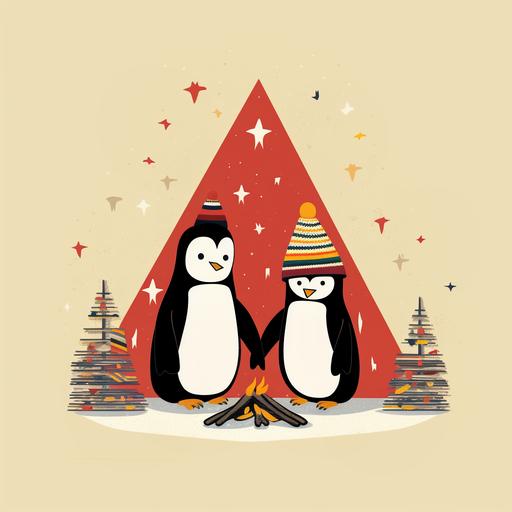 minimal two penguins drinking hot cocoa around a bonfire outside. in the style of hundertwasser in a christmas holiday palette. flat lay christmas card. white border. vintage. ratio 5:7