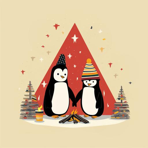 minimal two penguins drinking hot cocoa around a bonfire outside. in the style of hundertwasser in a christmas holiday palette. flat lay christmas card. white border. vintage. ratio 5:7