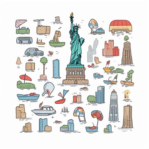 minimal vecotr clip art style cartoon art but slighly hand-drawn look for a children's book about travel. the art should be iconic items about traveling in New York like a sandcastle, beach chairs or beach umbrella, sand, statue of liberty. clean art, mostly white background just a few items on the border like a frame
