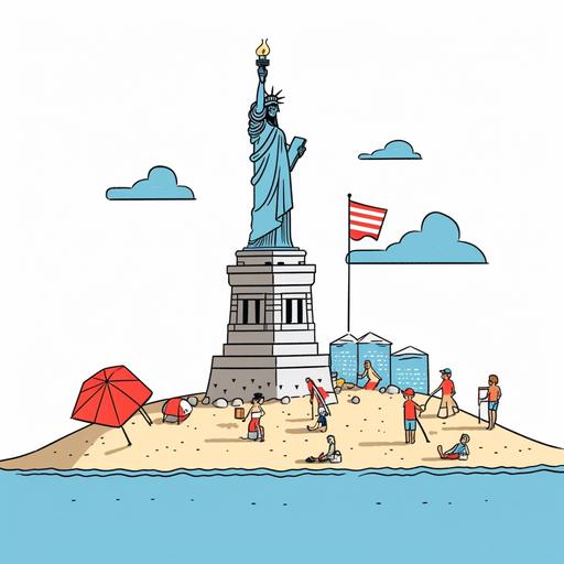 minimal vecotr clip art style cartoon art but slighly hand-drawn look for a children's book about the beach in new york. the art should be iconic items about traveling in New York like a sandcastle, beach chairs or beach umbrella, sand castles, statue of liberty and more. clean art, white background