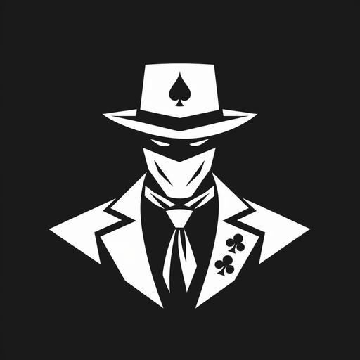 minimalist 2d flat logo, bandit with cloth mask, playing cards suits, use grey, black and white color scheme, clean lines