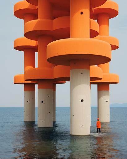 minimalist concrete building of 4 floors with round columns placed in the ocean, concrete columns in the orange ocean, neofuturism, concrete architecture, conceptual art installation, unfinished architecture, serene scene, minimalism, architecture photography, yayoi kusama, directed by jacquemus, grey sky, shot by andreas gursky, --ar 4:5