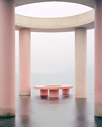 minimalist concrete building with round columns placed in the ocean, concrete columns in the pink ocean, neofuturism, concrete architecture, conceptual art installation, unfinished architecture, serene scene, minimalism, architecture photography, directed by jacquemus, grey sky, shot by andreas gursky, --ar 4:5
