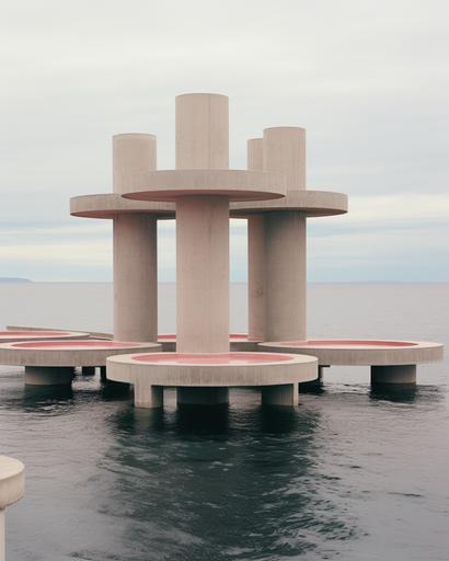minimalist concrete building with round columns placed in the ocean, concrete columns in the pink ocean, neofuturism, concrete architecture, conceptual art installation, unfinished architecture, serene scene, minimalism, architecture photography, directed by jacquemus, grey sky, shot by andreas gursky, --ar 4:5