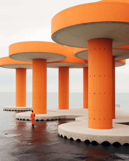 minimalist concrete building with round columns placed in the ocean, concrete columns in the orange ocean, neofuturism, concrete architecture, conceptual art installation, unfinished architecture, serene scene, minimalism, architecture photography, yayoi kusama, directed by jacquemus, grey sky, shot by andreas gursky, --ar 4:5