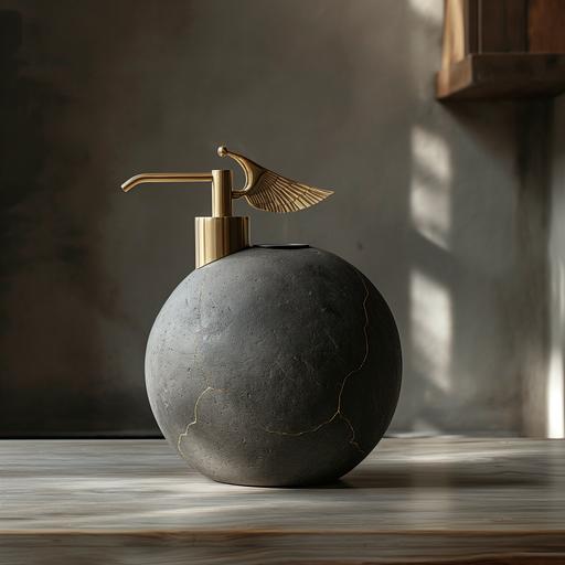 minimalist design photo, a spherical kettle made of black concrete and brushed brass, with archaeopteryx wing spout, inspired by West elm, rustic futurism --v 6.0 --s 250