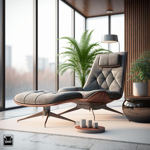 minimalist environment with a mid century modern chaise lounge chair made of walnut, chrome, and mid century modern fabric, modern, detailed, hyper-realistic, beautiful, Marcel Bruer, Unreal Engine 5 --s 750